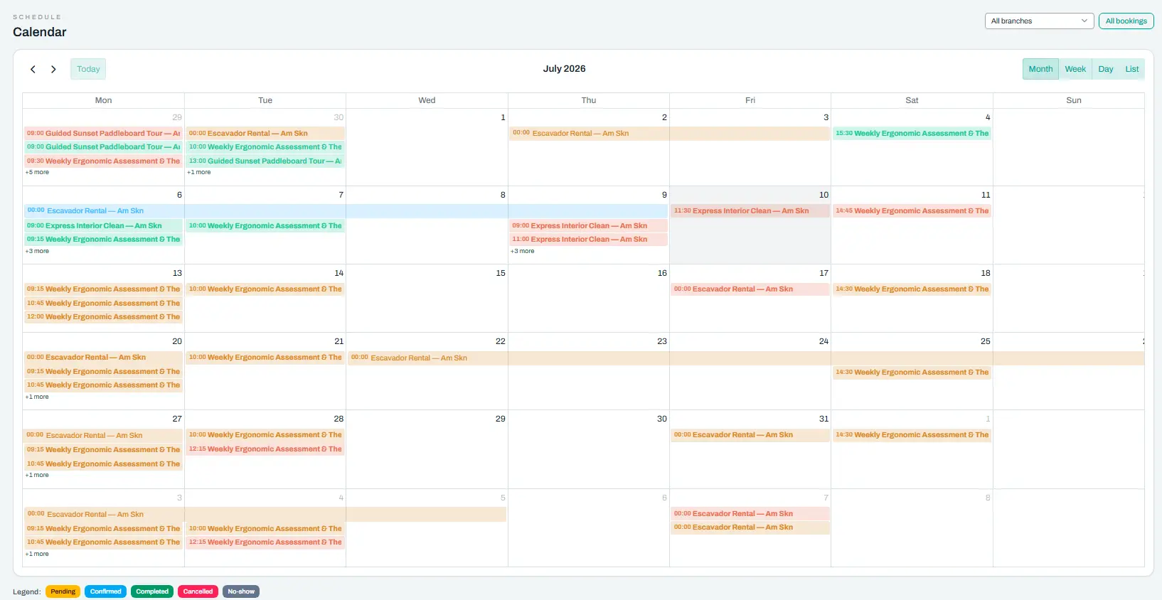 Booking list with filters