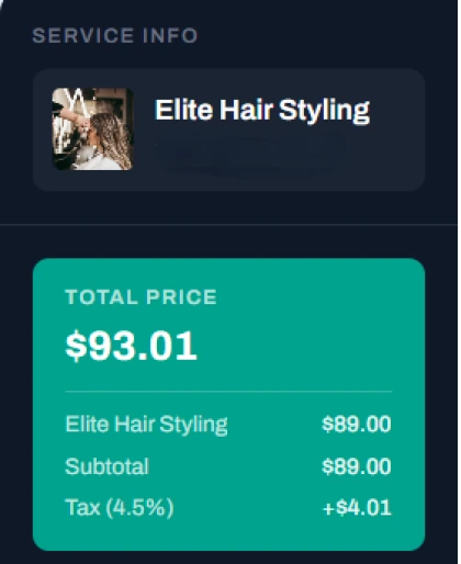 Booking summary showing the service and total price