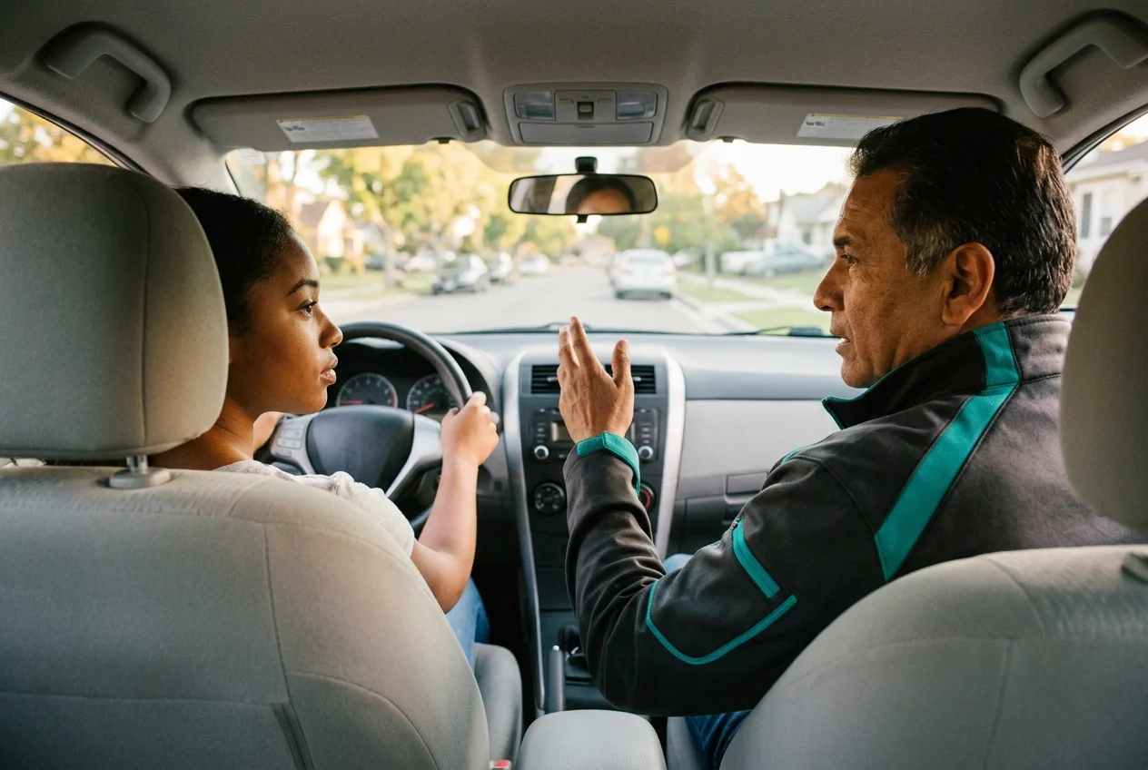 A driving instructor coaching a learner driver in a dual-control car booked through Reservai