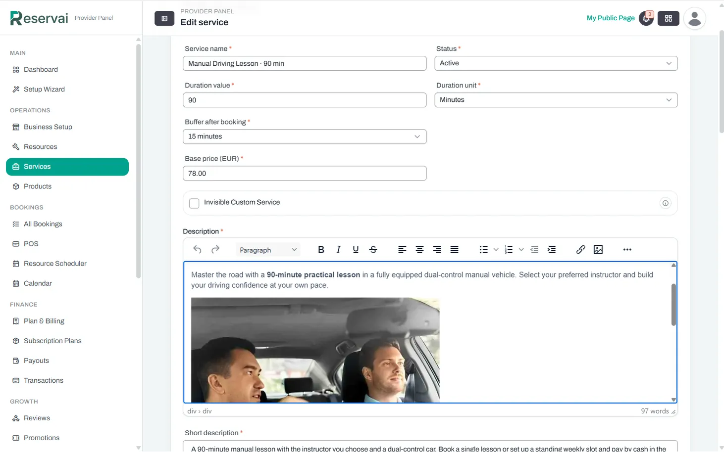 The lesson: 90 minutes, €78 — Reservai Driving School Booking