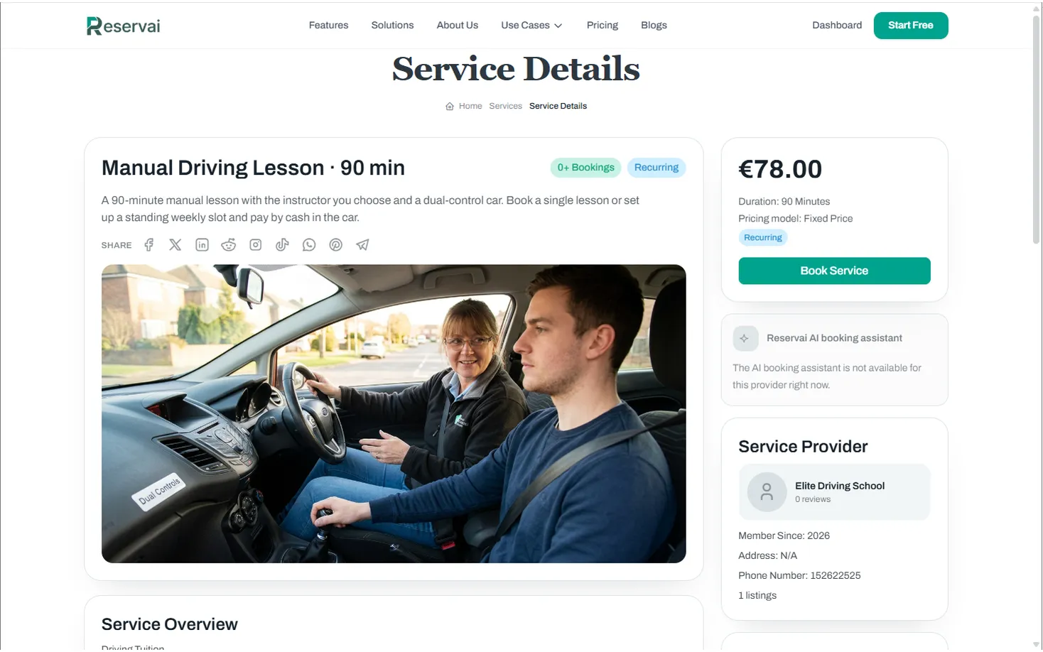 Your public booking page — Reservai Driving School Booking