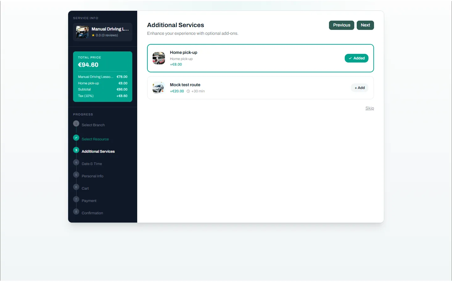 Extras at the point of booking — Reservai Driving School Booking