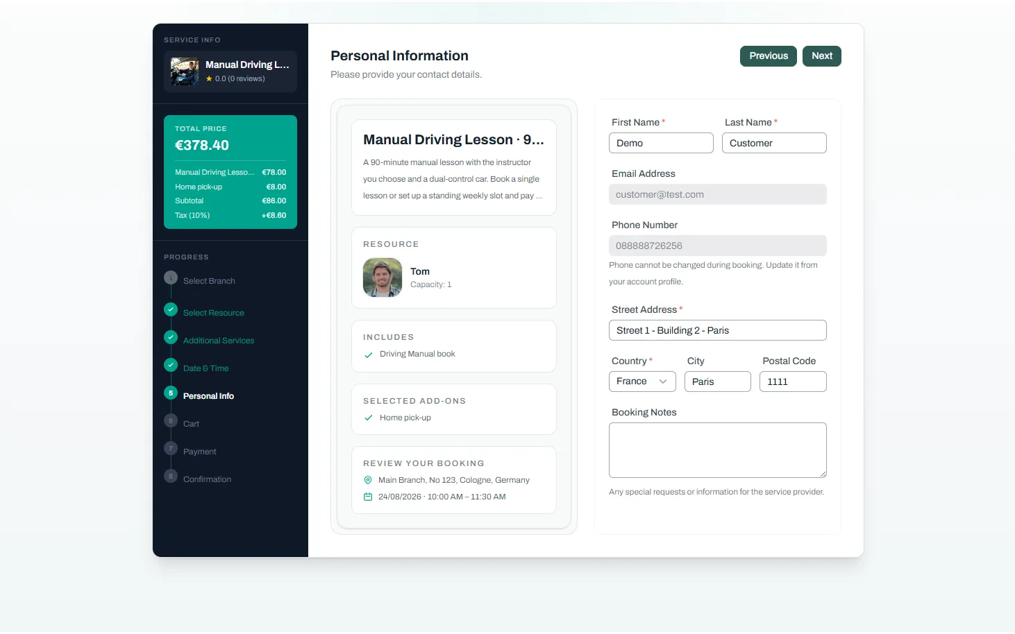 Their details, with the lesson in view — Reservai Driving School Booking