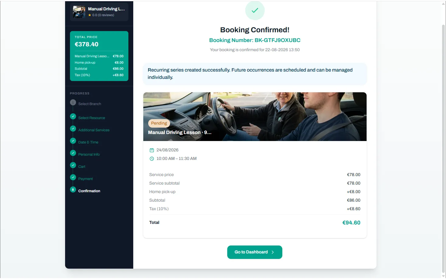 Booked, paid and confirmed — Reservai Driving School Booking