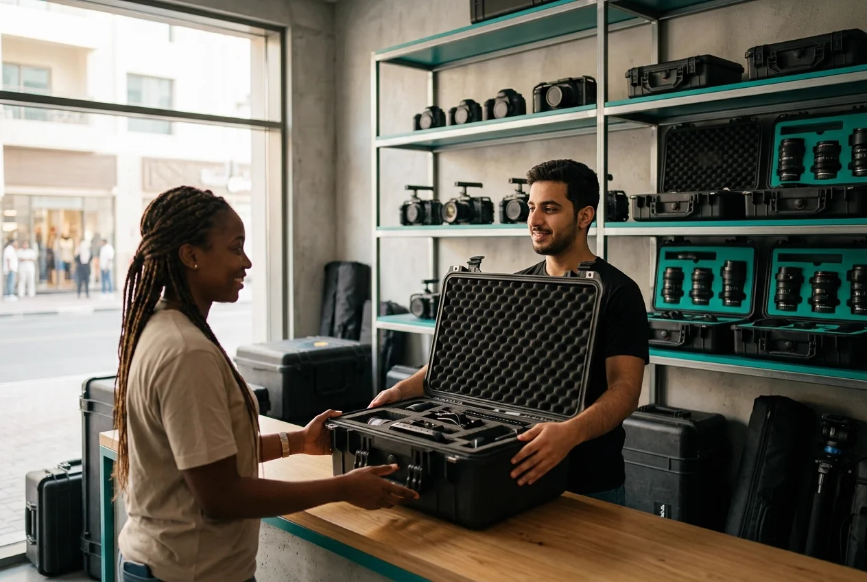 A rental counter handing over a professional equipment case, managed with Reservai rental software