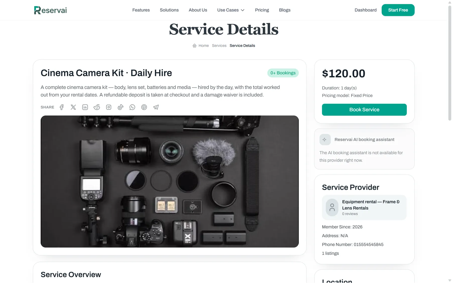Your public hire page — Reservai Equipment Rental