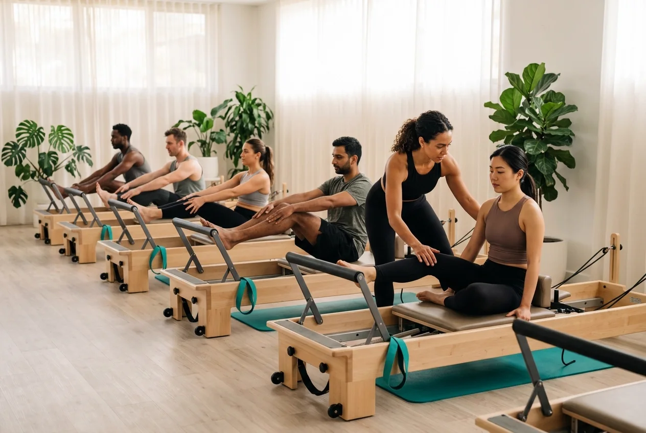 A small reformer pilates class in progress in a bright studio managed with Reservai