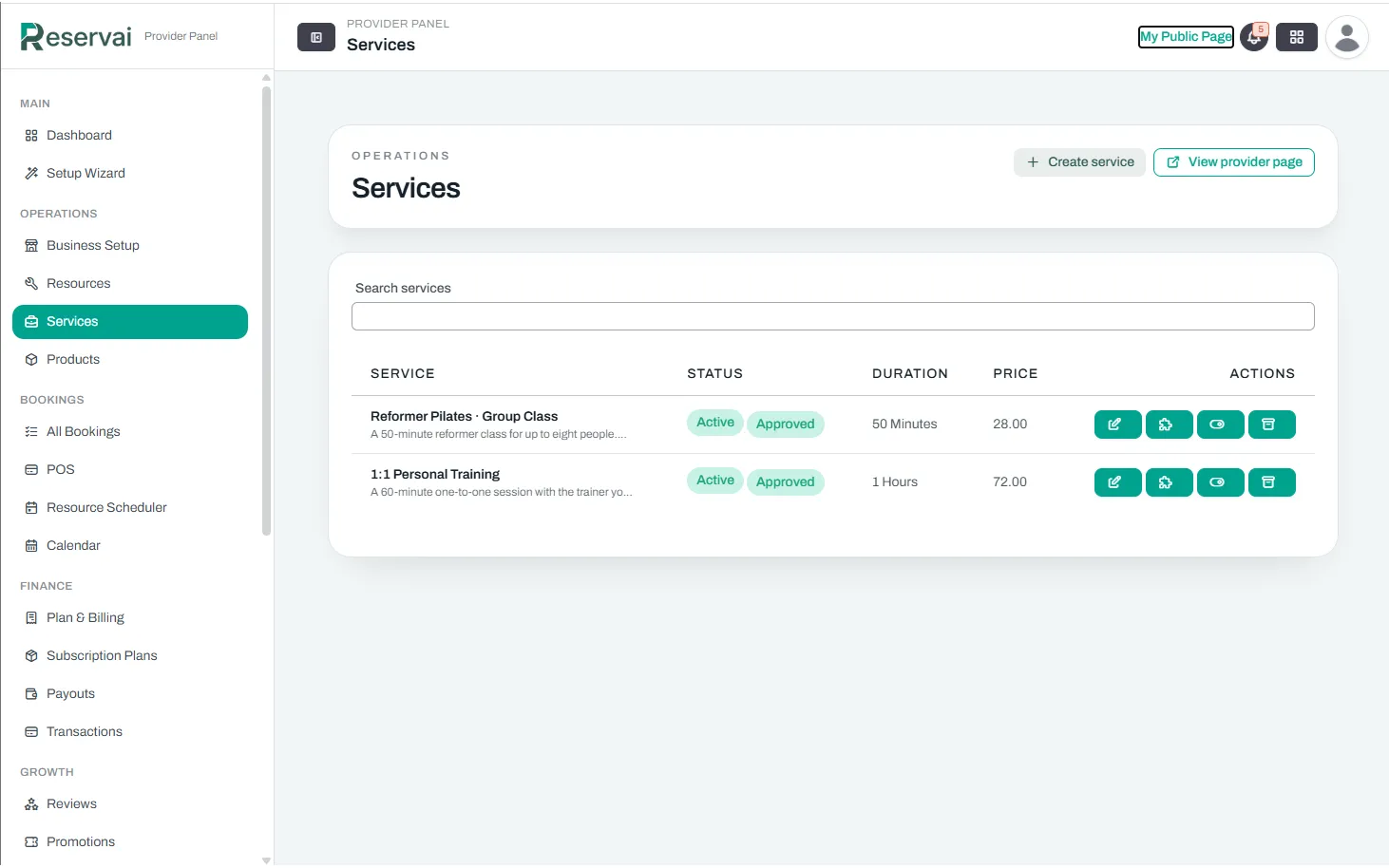 Two services on the same resources — Reservai Fitness Studio Booking