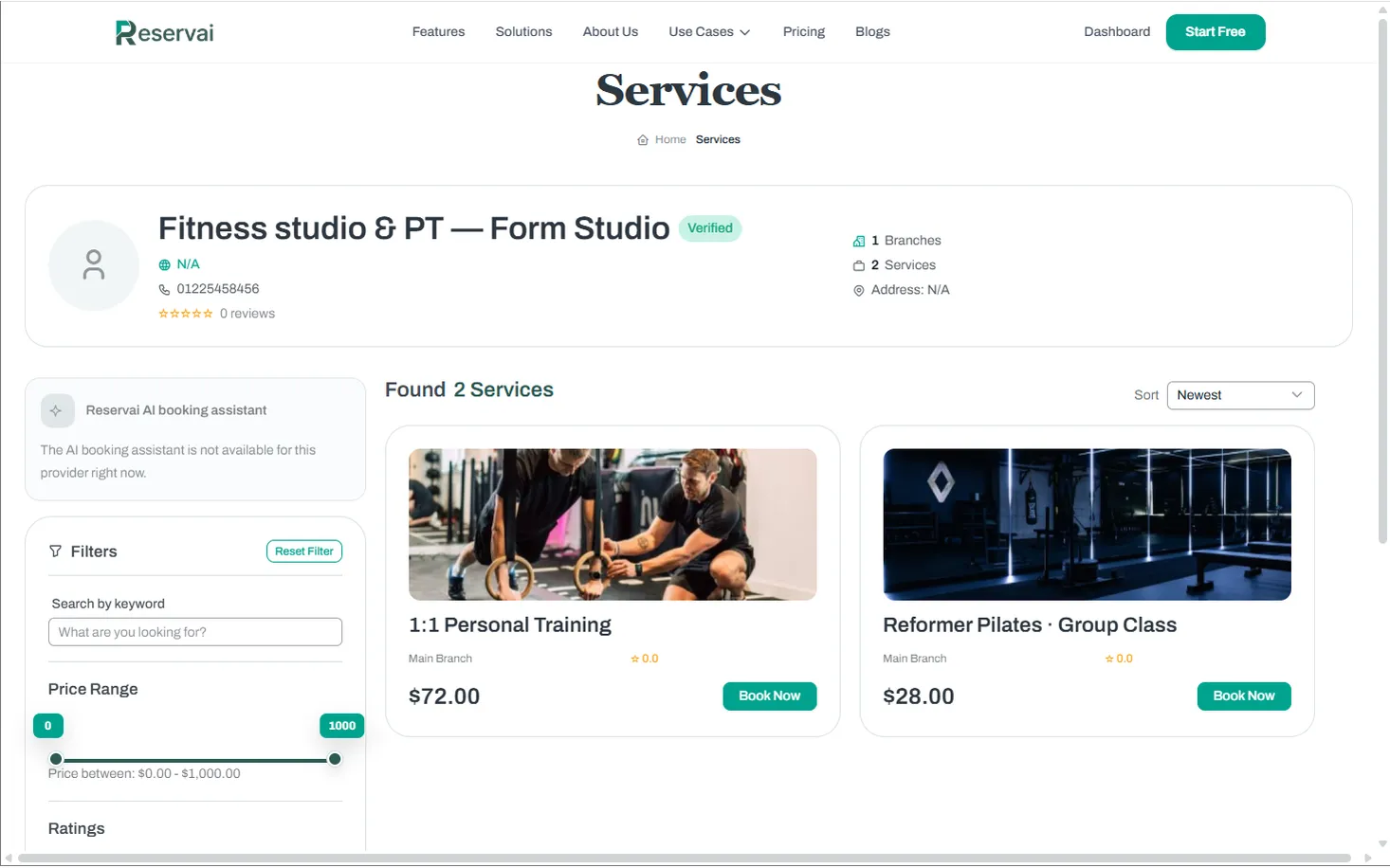Both services on one public page — Reservai Fitness Studio Booking