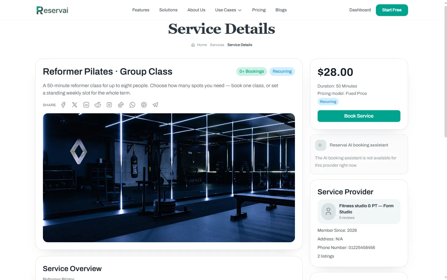 The class page — Reservai Fitness Studio Booking