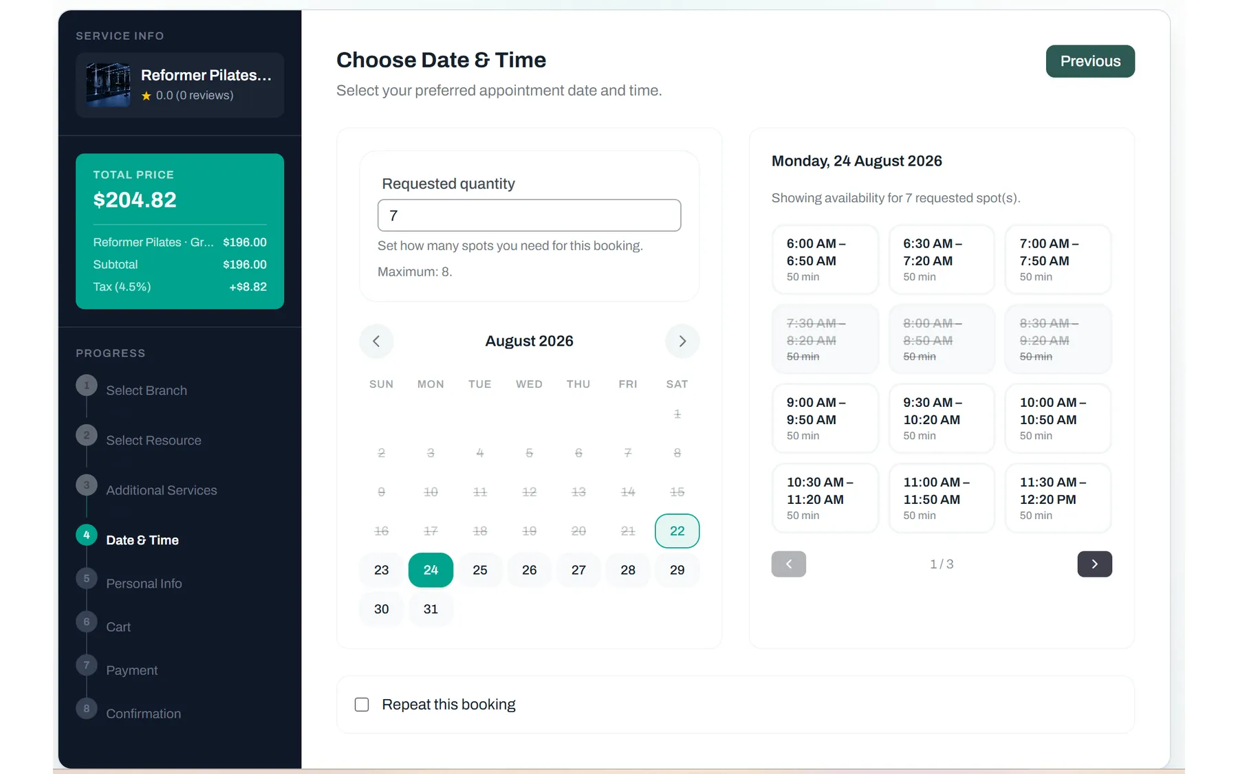Ask for seven, and most of the grid closes — Reservai Fitness Studio Booking