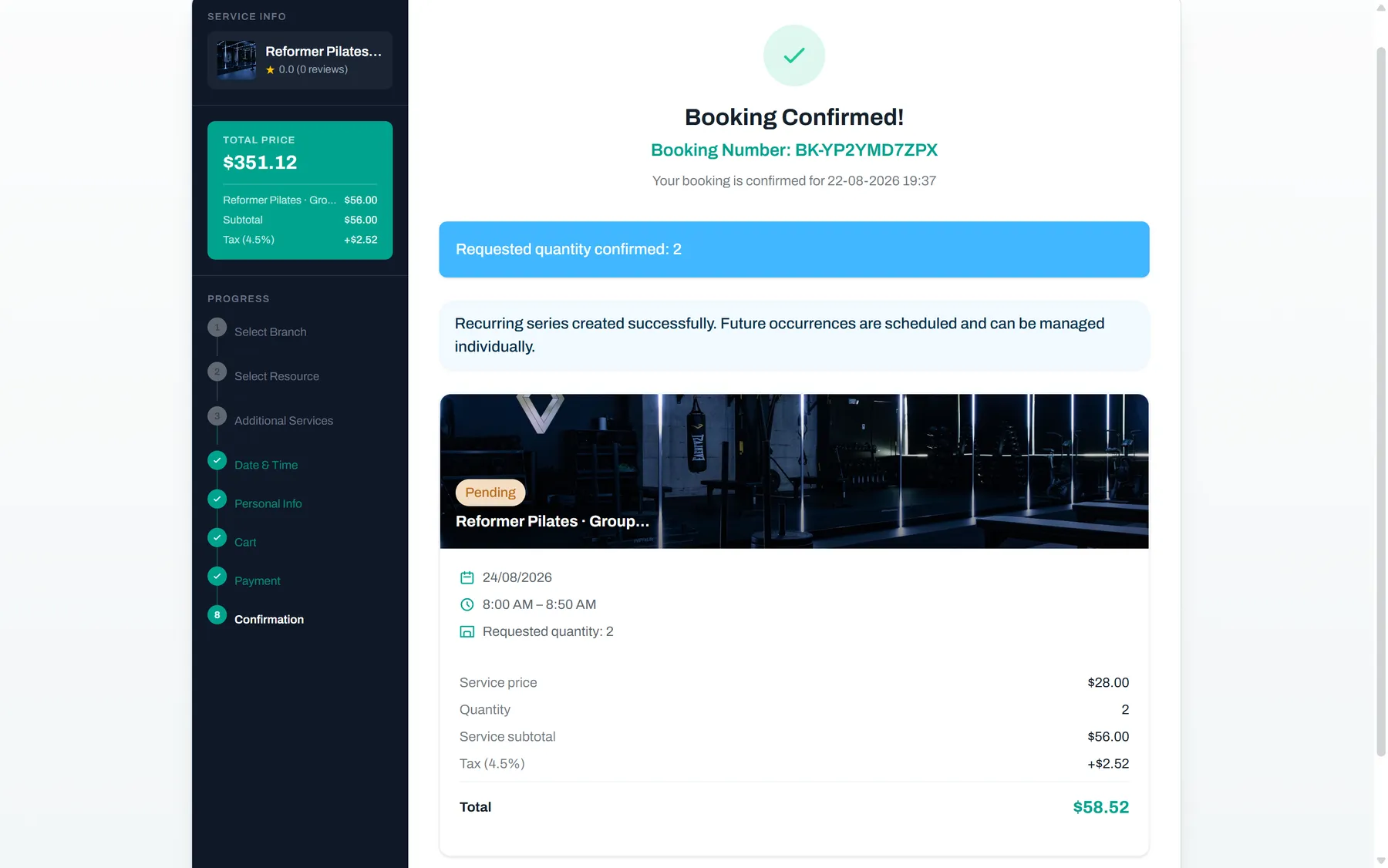 Booked, paid and confirmed — Reservai Fitness Studio Booking
