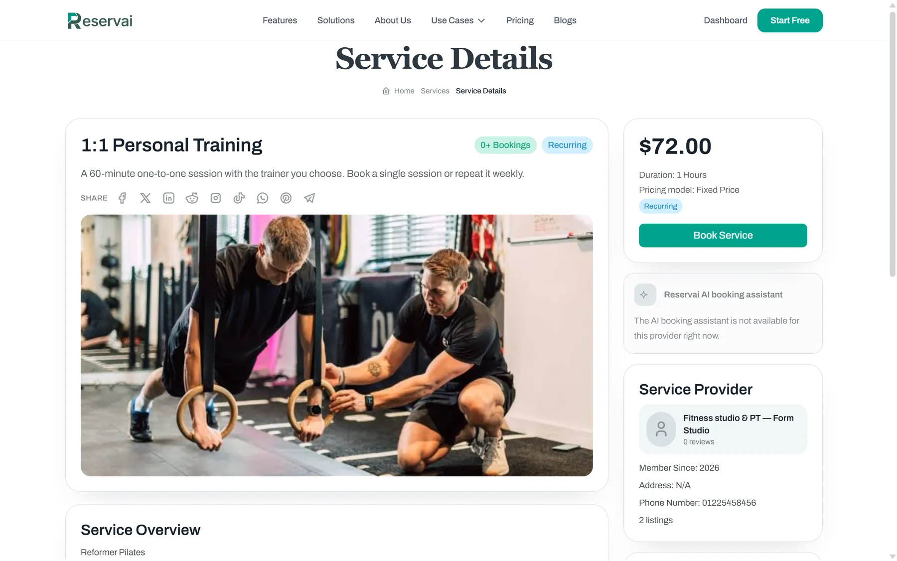 Now the one-to-one — Reservai Fitness Studio Booking
