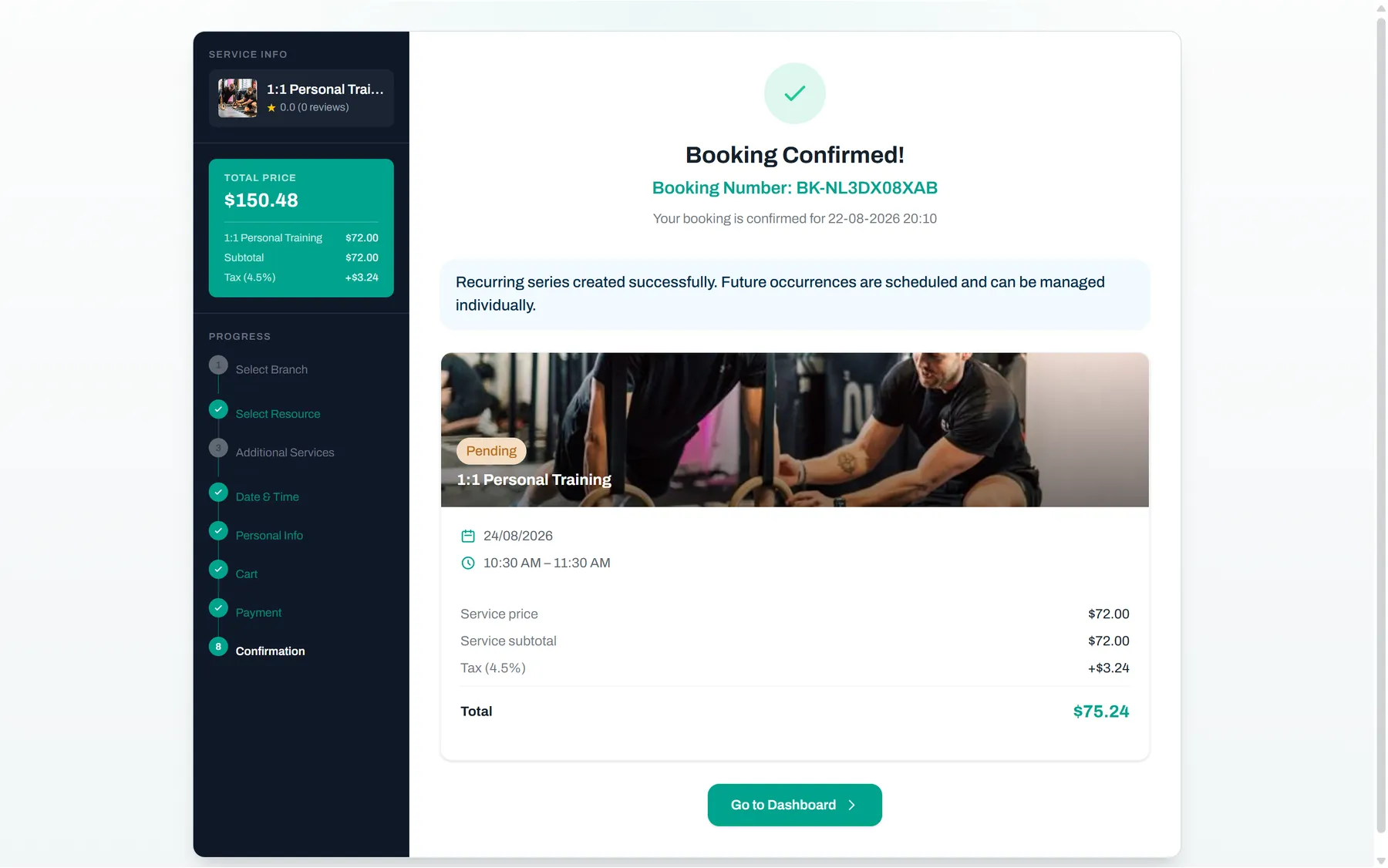 Booked, paid and confirmed — Reservai Fitness Studio Booking