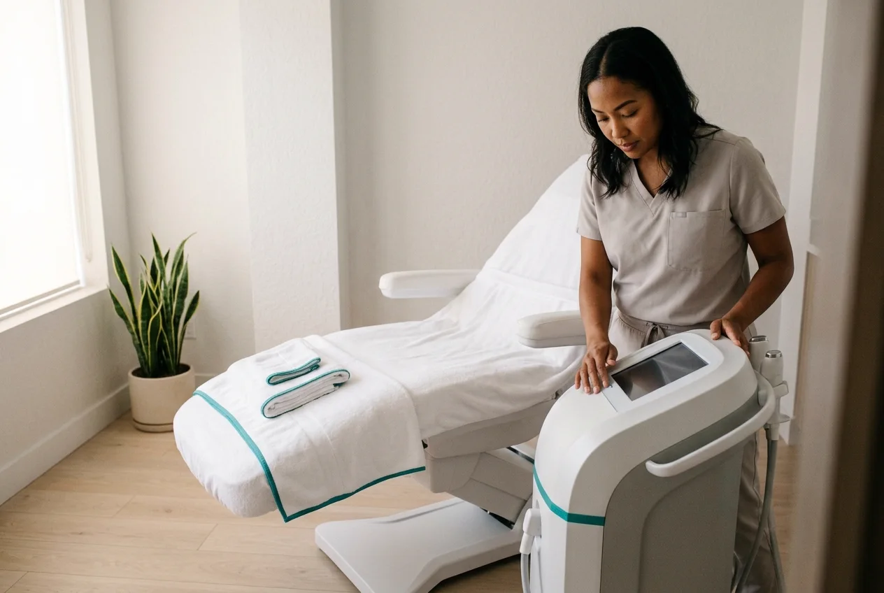 A practitioner preparing a treatment device in a modern aesthetic clinic room booked through Reservai