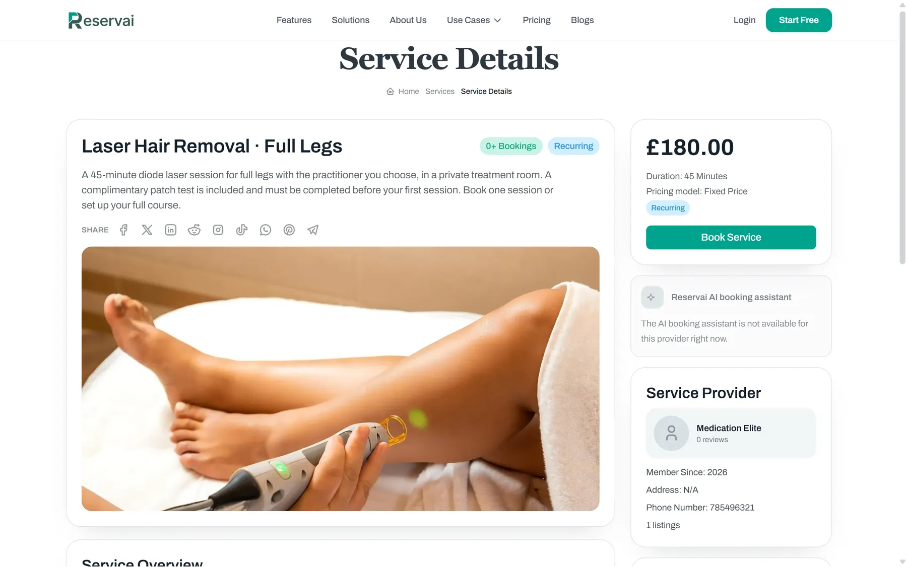 Your public treatment page — Reservai Med Spa Booking