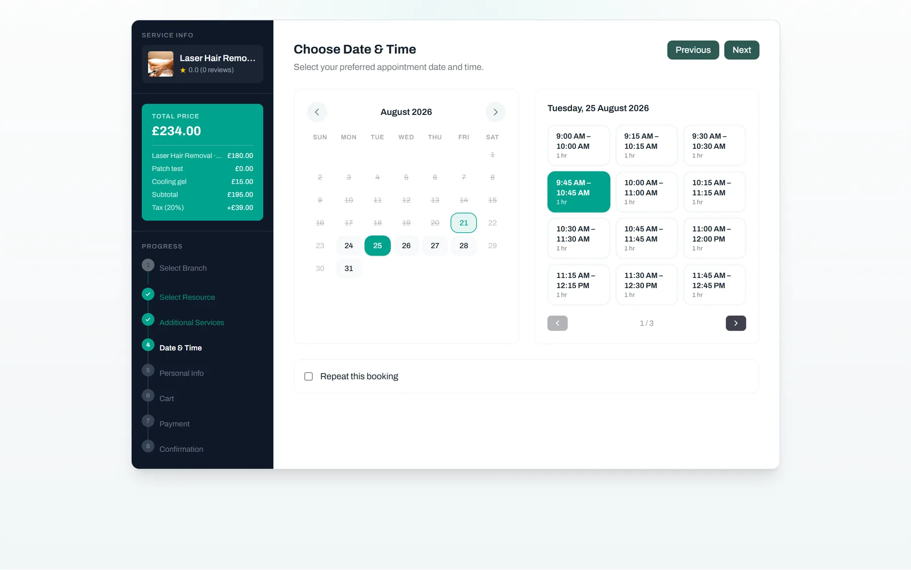 Only genuinely deliverable slots appear — Reservai Med Spa Booking