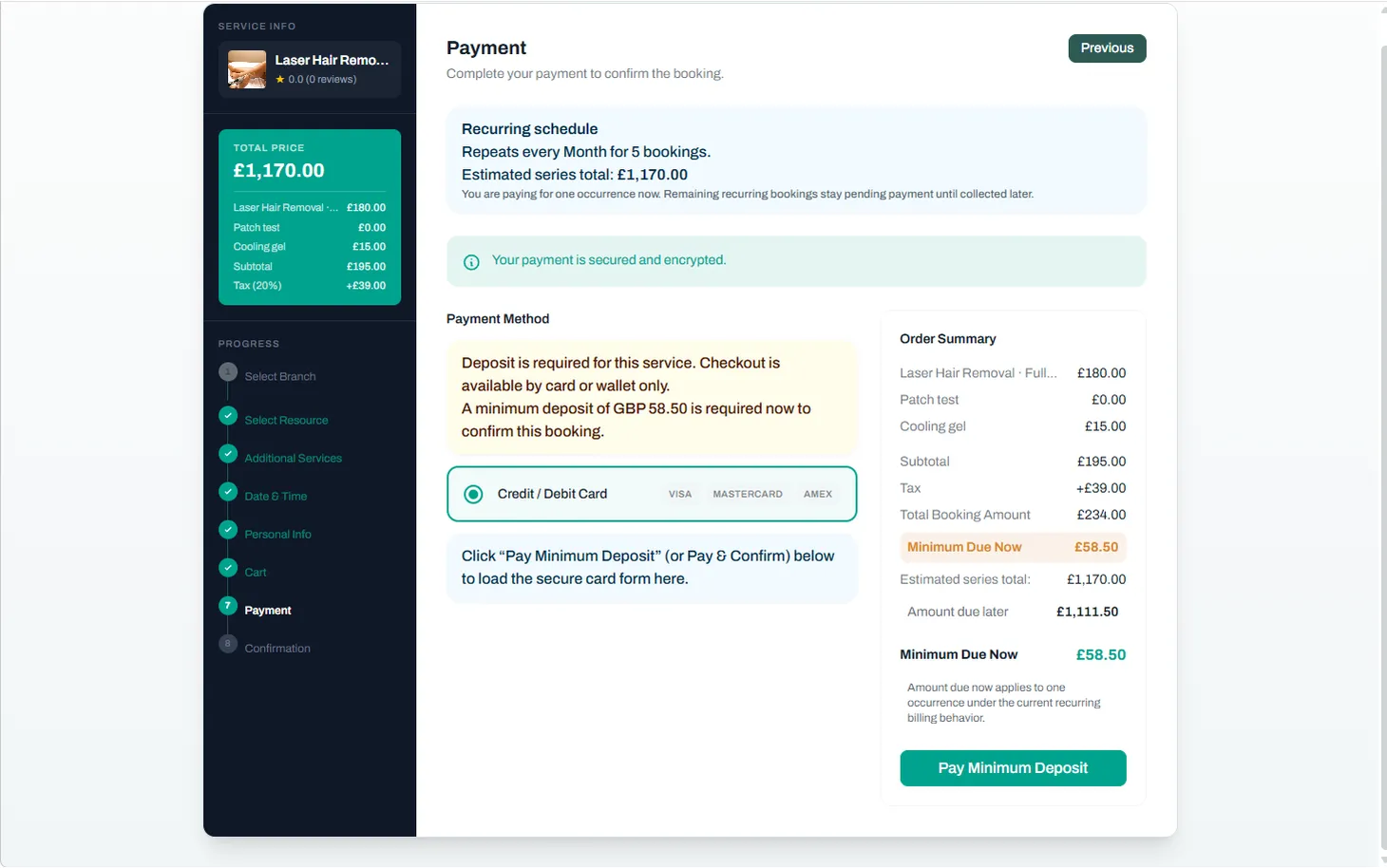 A deposit now, the balance later — Reservai Med Spa Booking