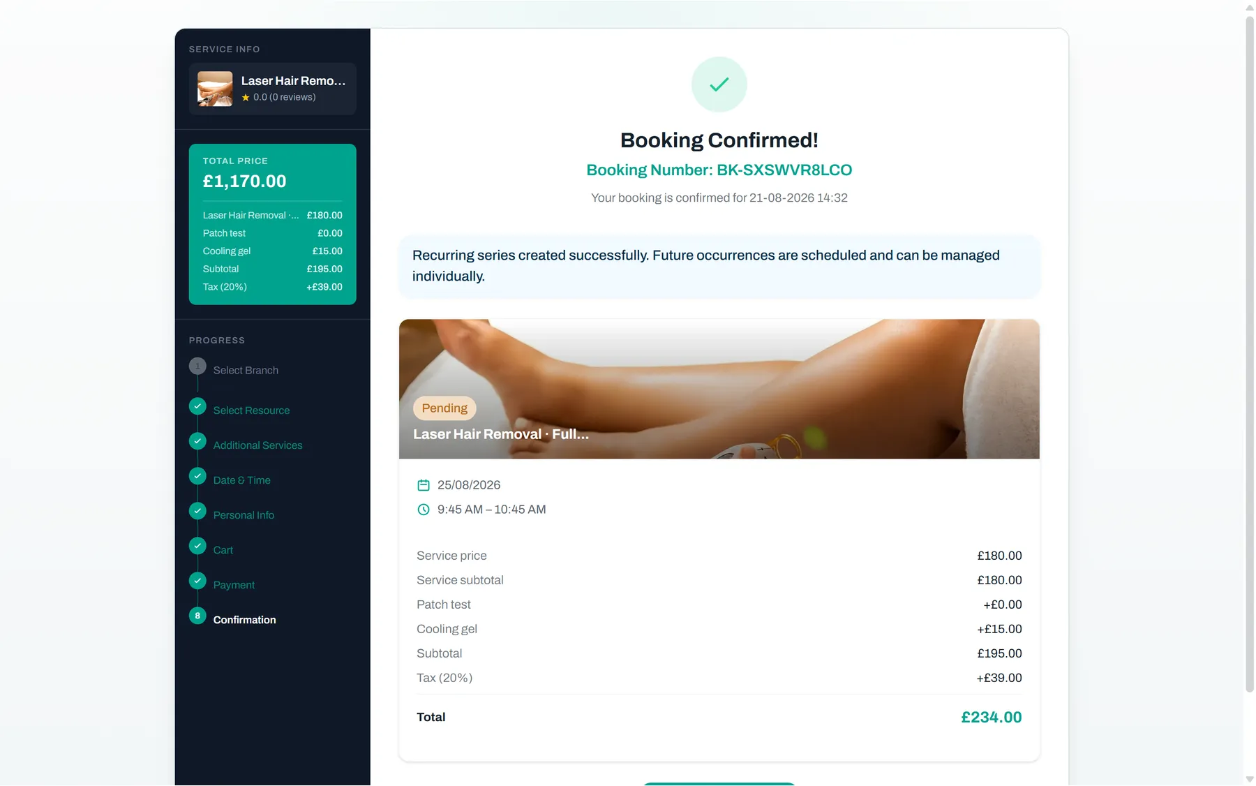 Booked, paid and confirmed — Reservai Med Spa Booking