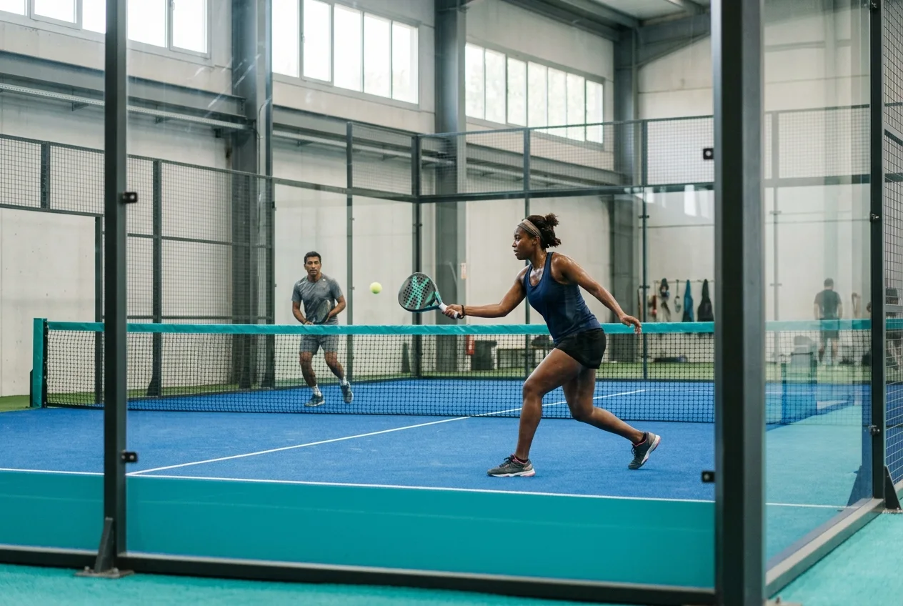 Players mid-rally on an indoor padel court managed with Reservai court booking software