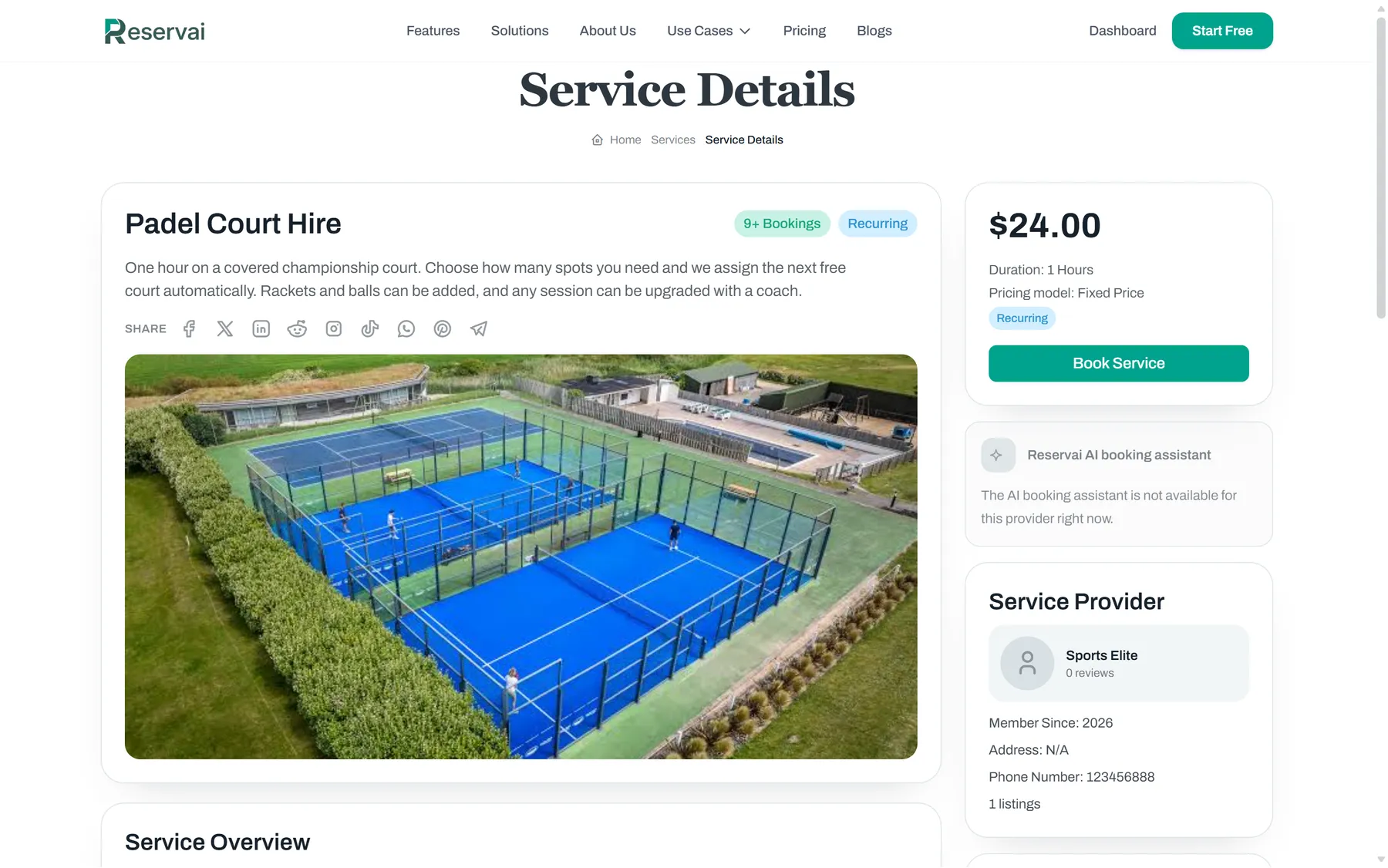 Your public booking page — Reservai Padel Court Booking