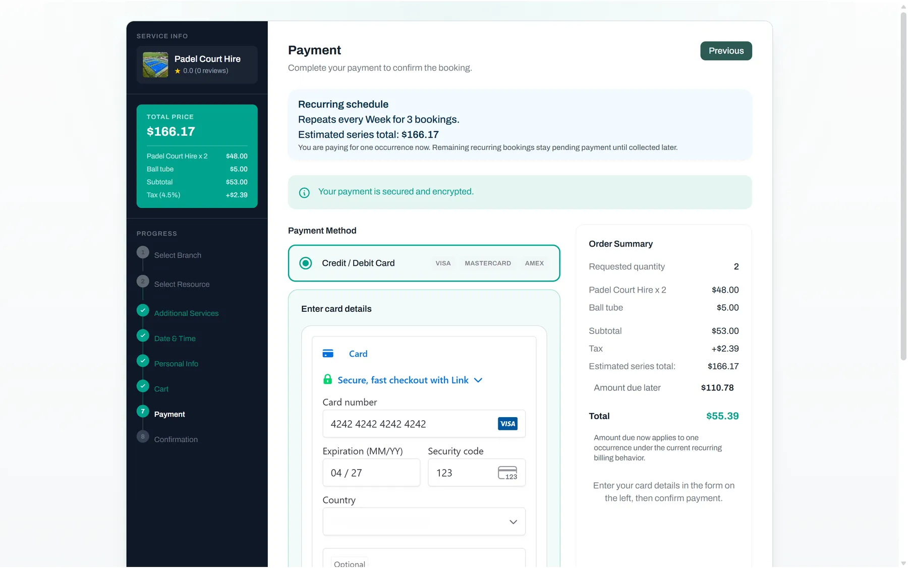 Card checkout, built in — Reservai Padel Court Booking