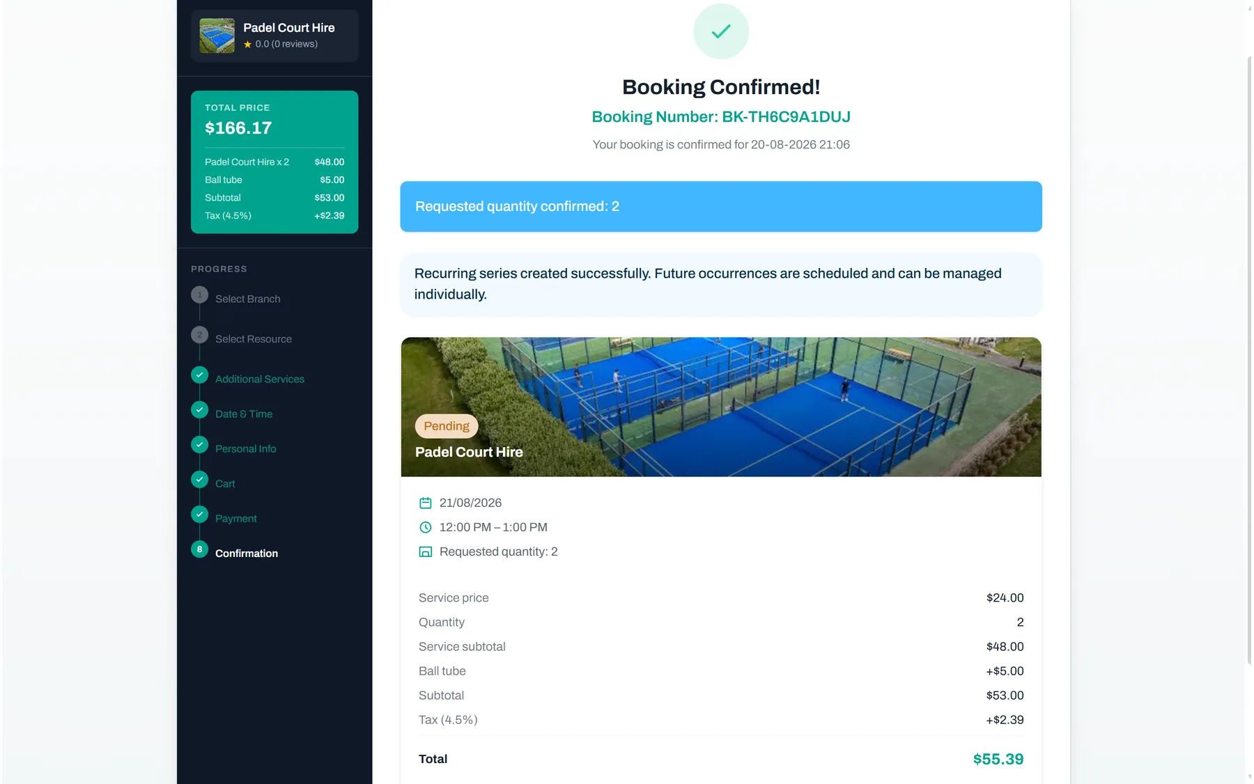 Booked, paid and confirmed — Reservai Padel Court Booking