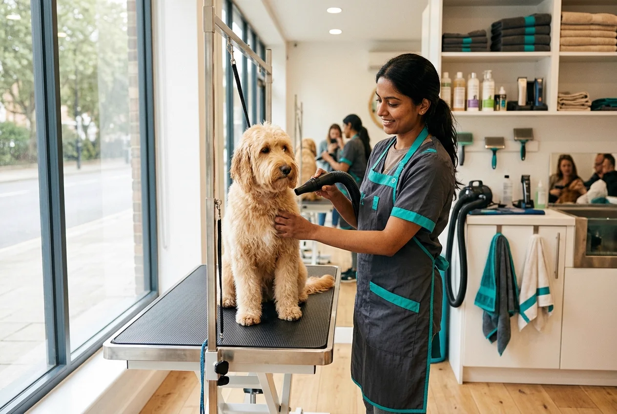 A groomer finishing a freshly washed dog in a bright pet salon managed with Reservai