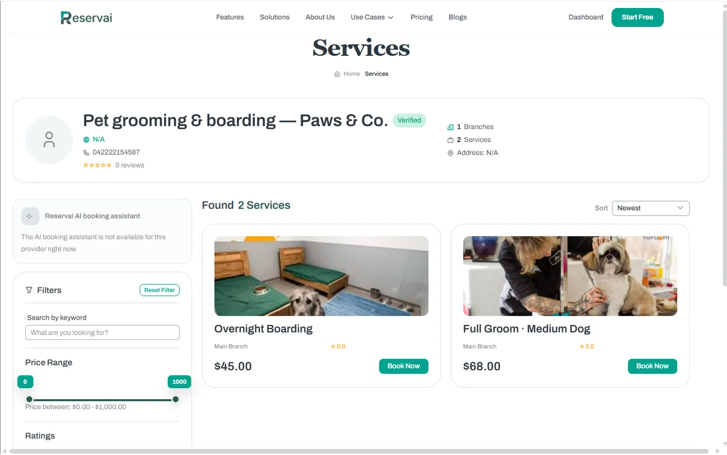 Both services on one public page — Reservai Pet Grooming & Boarding