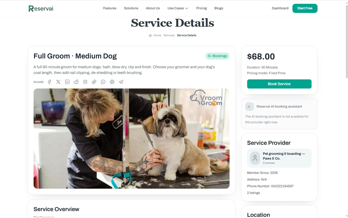 The grooming page — Reservai Pet Grooming & Boarding