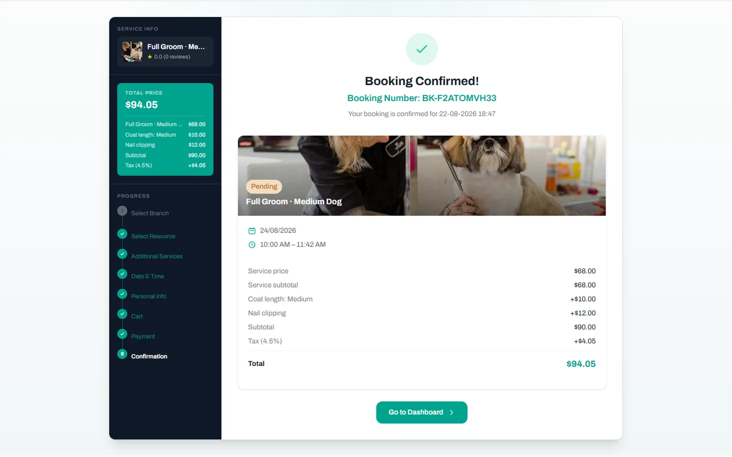 The groom is booked and confirmed — Reservai Pet Grooming & Boarding