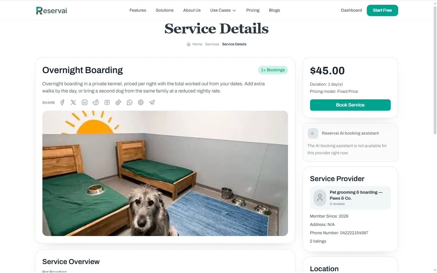 Now the other model: an overnight stay — Reservai Pet Grooming & Boarding