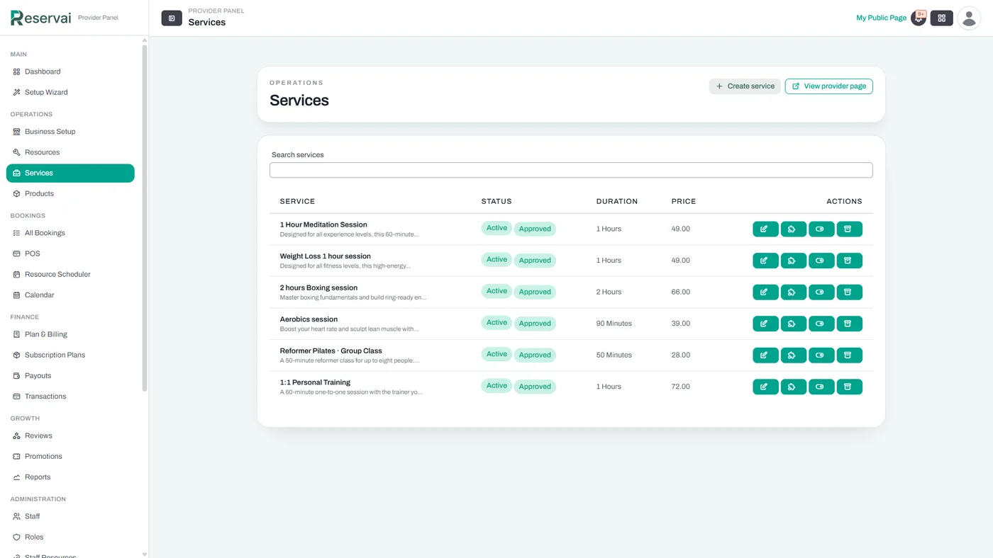 The Reservai services list showing several active, approved services