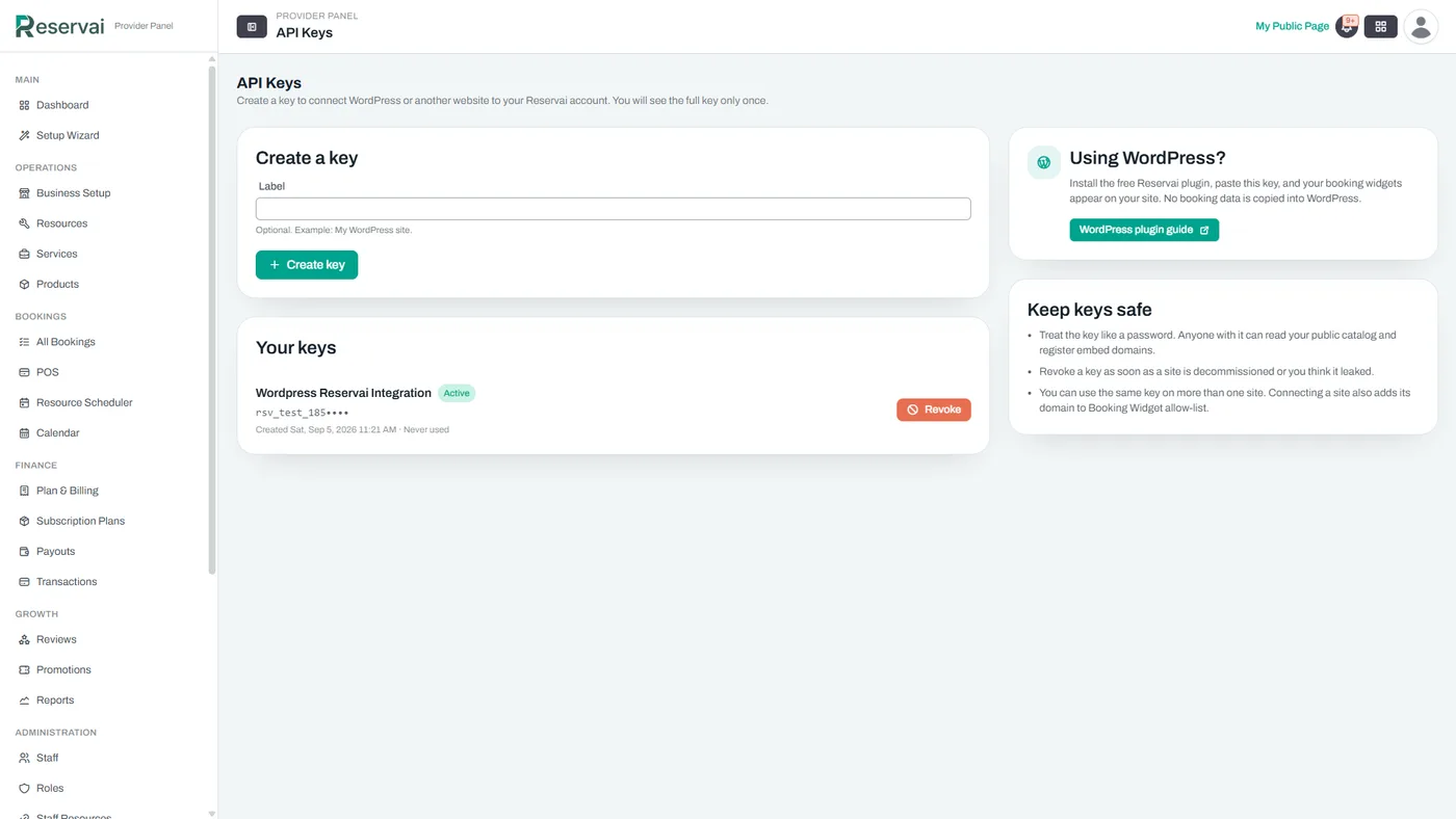 Creating an API key in Reservai settings