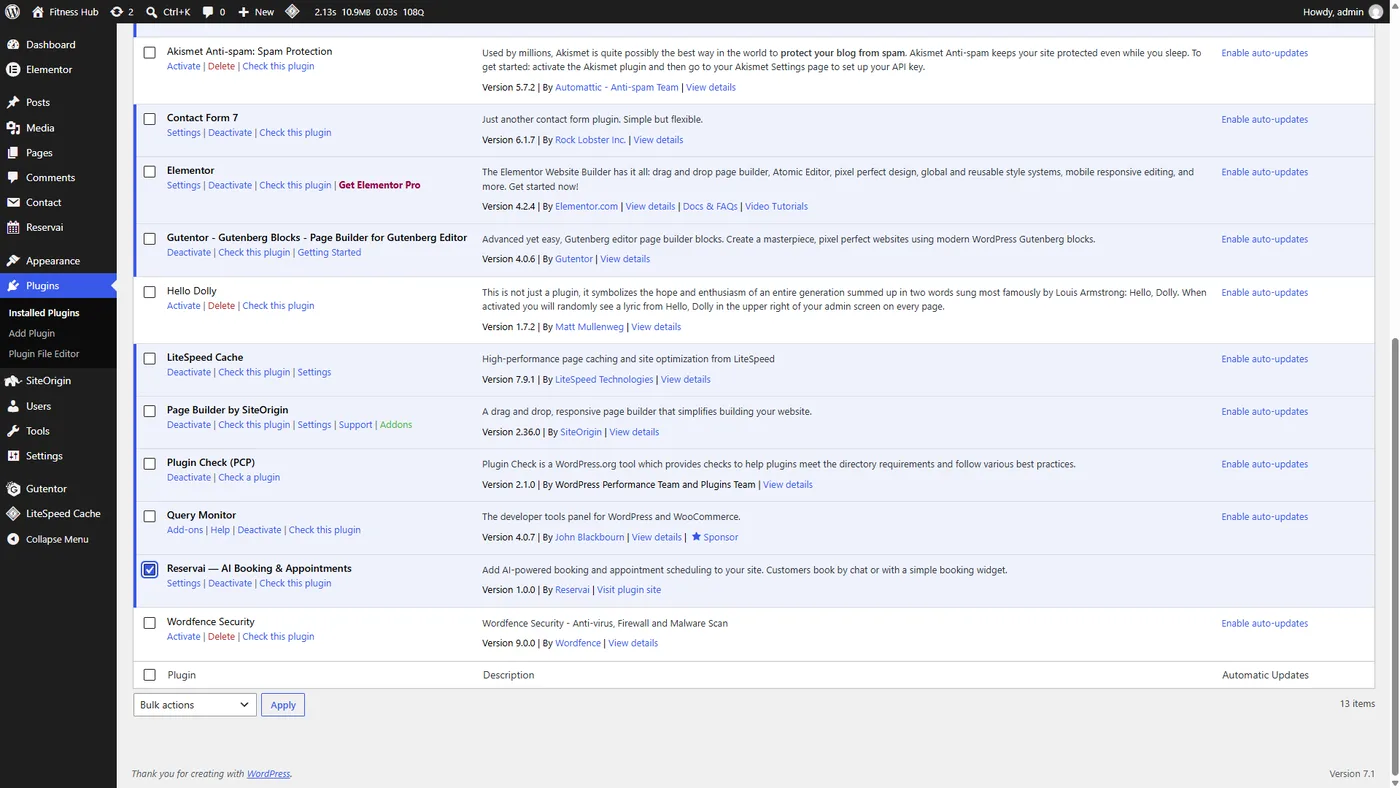 The Reservai plugin active in the WordPress plugins list