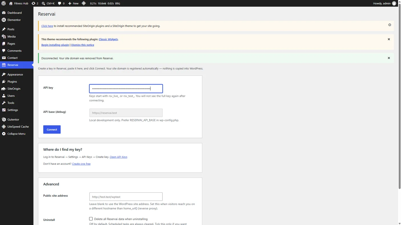 The Reservai plugin settings screen before connecting, with the API key field