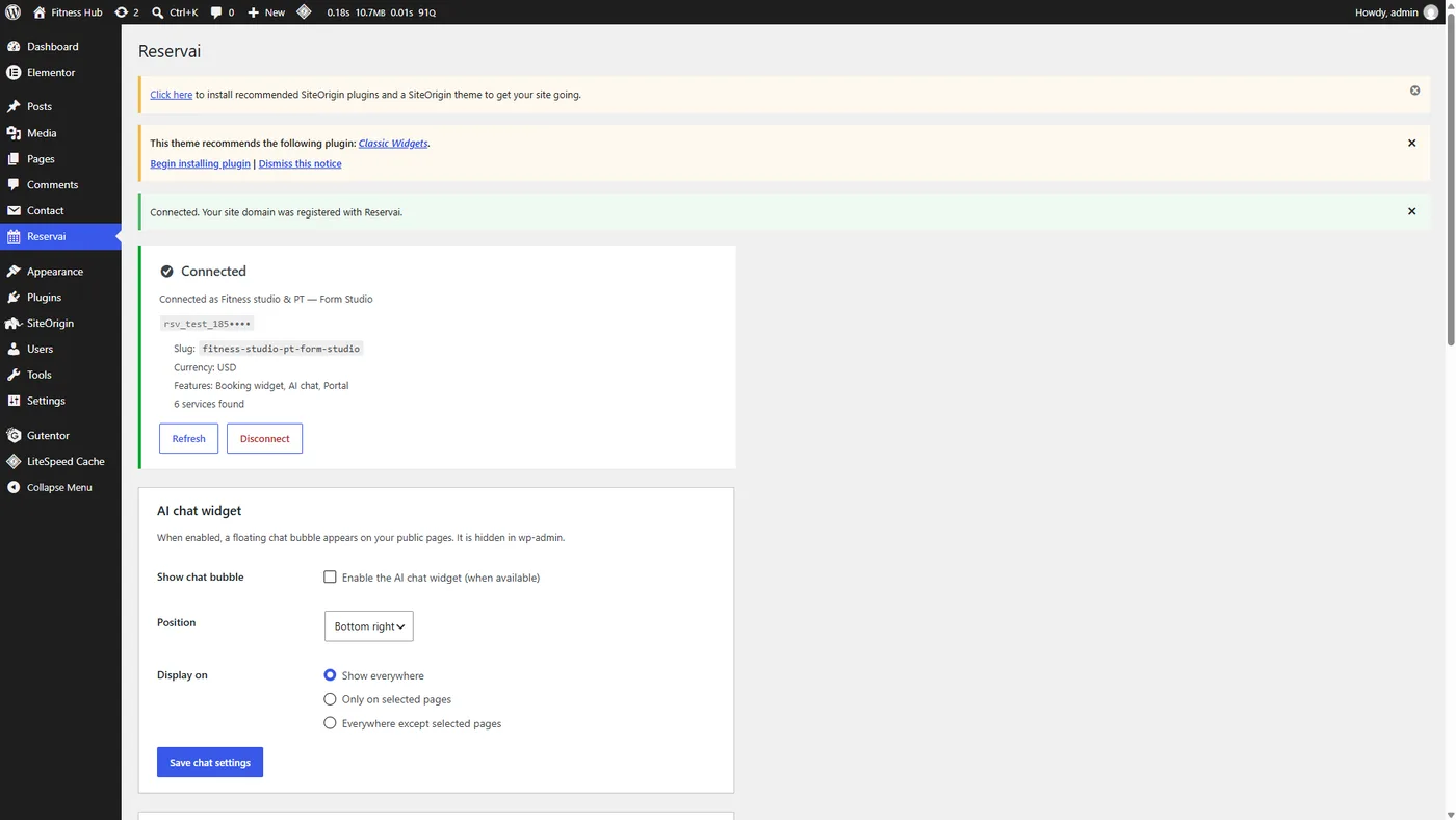 The Reservai plugin showing a connected account and the AI chat widget settings