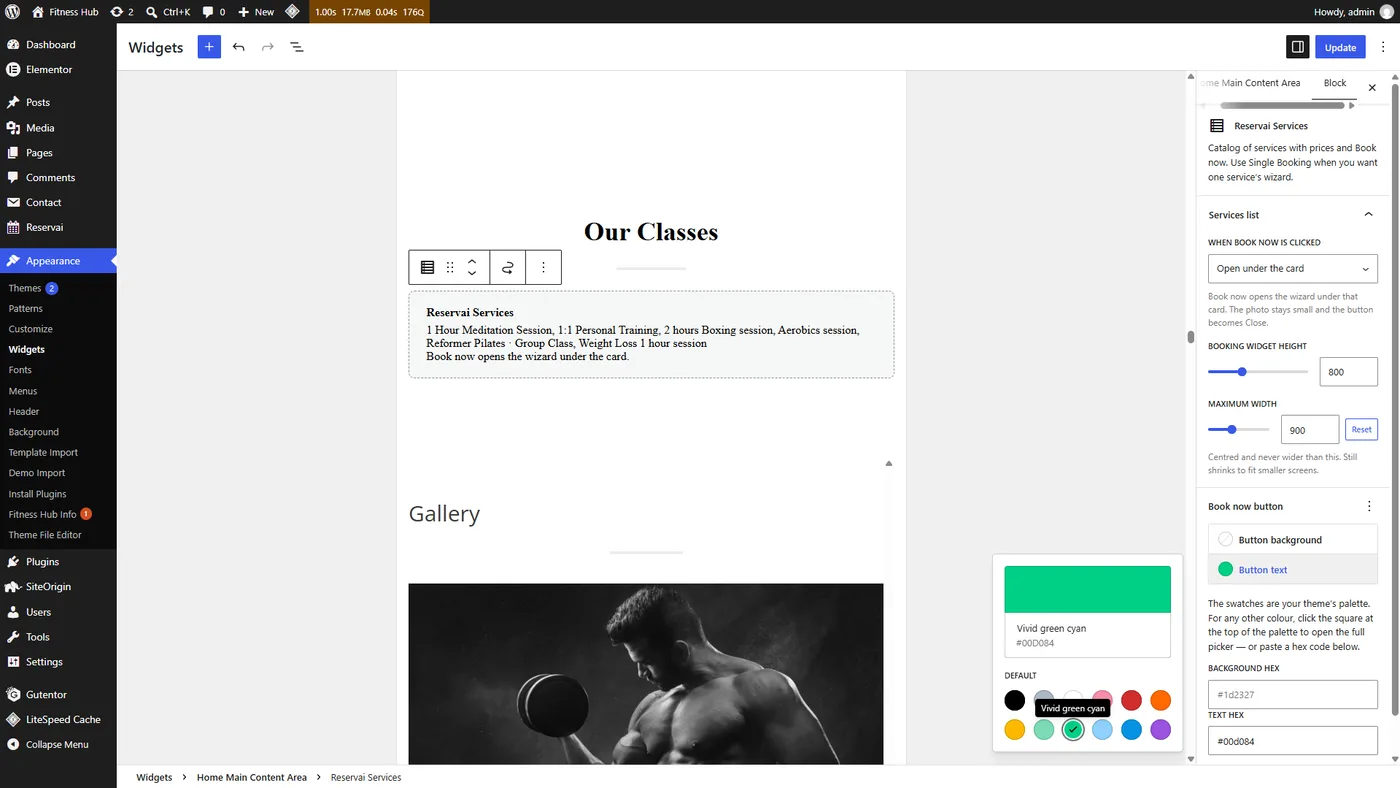The Reservai block settings sidebar in the WordPress editor