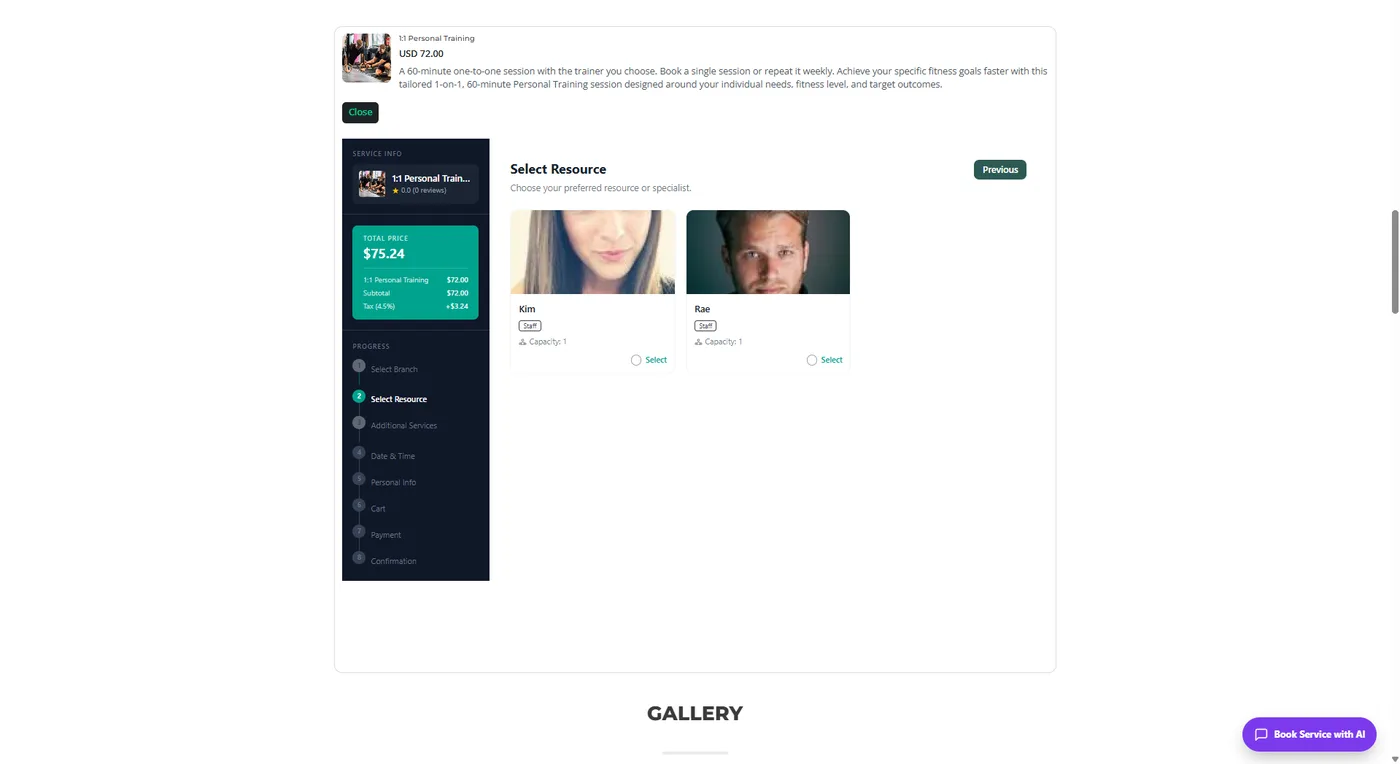 The Reservai booking widget live on a WordPress page