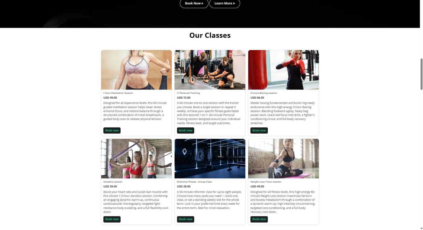 The Reservai services catalog rendered on a WordPress page