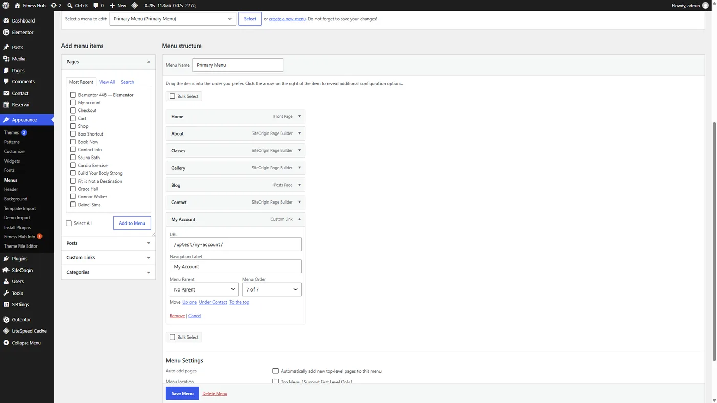 Adding the My account page to a WordPress menu