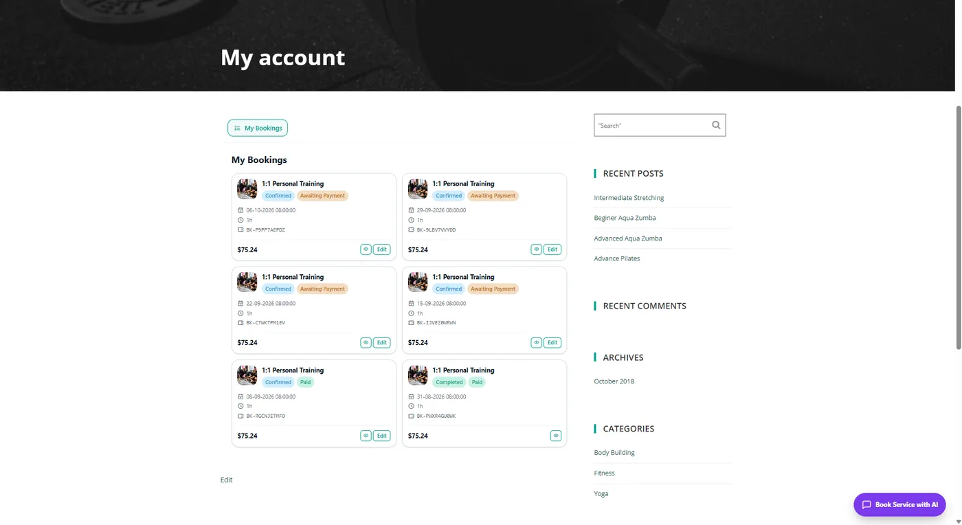 A customer's bookings listed in the Reservai portal on a WordPress page