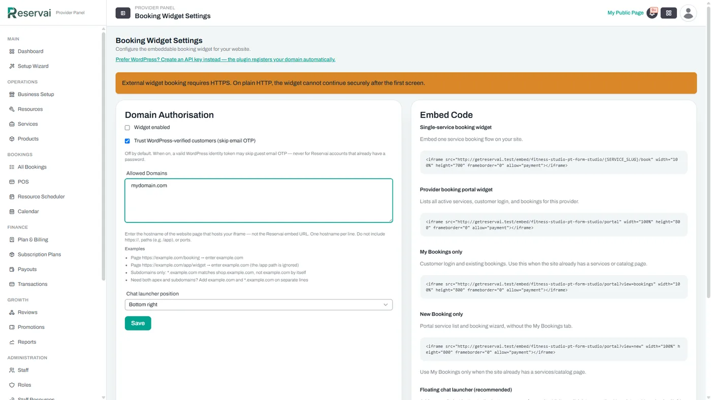 Reservai booking widget settings showing domain authorisation and embed code